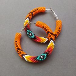 Orange beaded Hoop earrings, Ethnic Hoop earrings, Large hoops, Southwest beaded Hoop earrings,