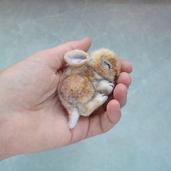 Sleeping hare animal brooch for women Needle felted wool newborn bunny replica pin Wool realistic Handmade animal