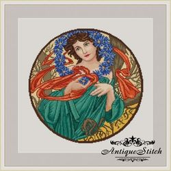 Alphonse Mucha December Cross Stitch Pattern PDF Art Nouveau Romance Girl Round Embroidery Compatible Pattern Keeper
