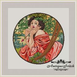 Alphonse Mucha July Cross Stitch Pattern PDF Art Nouveau Romance Girl Round Embroidery Compatible Pattern Keeper