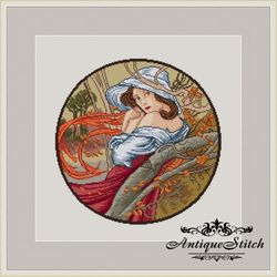 Alphonse Mucha November Cross Stitch Pattern PDF Art Nouveau Romance Girl Round Embroidery Compatible Pattern Keeper