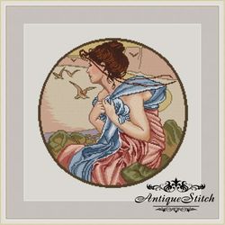 Alphonse Mucha September Cross Stitch Pattern PDF Art Nouveau Romance Girl Round Embroidery Compatible Pattern Keeper