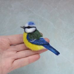 Needle felted blue tit bird brooch for women Handmade bird jewelry for girl Wool bird replica pin