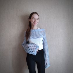 Cropped sweater for a girl. Crochet sweater. Crocheted sleeves. Blue sweater.