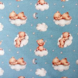 Digital Printed Teddy Bears, French Terry Kids Fabric, Baby Clothes Fabric, Baby Bear on Clouds Fabric