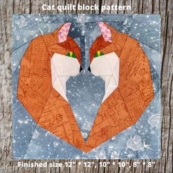 Cat heart Quilt Block PDF Pattern. Fun cat quilt block pattern by SelenaQuilt. Perfect quilt gift for cat lover.