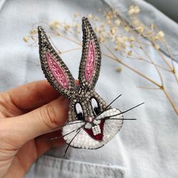 Gray rabbit brooch, beaded animals brooch for women, christmas brooch pin, bunny pin