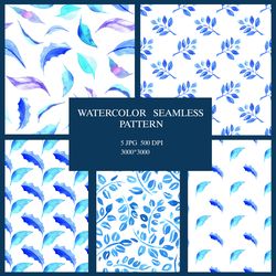 5 seamless watercolor pattern with winter leaves, jpg 3000*3000 500 dpi