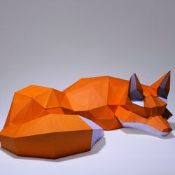 fox sleep paper craft, paper model, 3d paper craft, paper sculpture pdf template, low poly animals papercraft