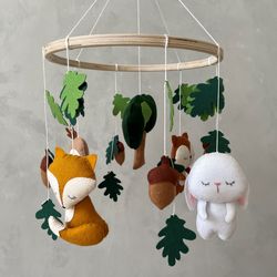 Woodland mobile baby nursery decor. Bunny dear fox mobile. Forest animals neutral baby mobile. Hanging crib mobile