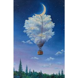 Hot Air Balloon Painting Journey Art 24 by 16 Canvas Oil Painting Surrealism Original Art Clouds Wall Art Moon