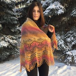 Handmade Woolen Knitted Shawl Gift to Grandma Warm Wrap Scarf Lace Cape Multicolor boho headscarf Accessory Romantic