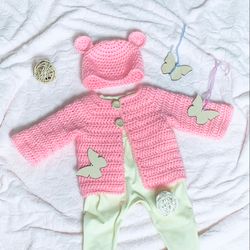 Baby Cardigan and Hat Crochet Pattern  Hat ears Teddy Sweater Warm Thick Pullover Jumper baby girl Jacket for boy  diy