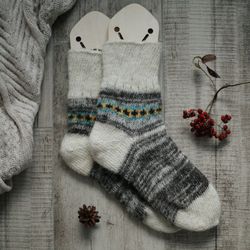 Very warm hand knitted organic wool grey beige socks with a pattern russian socks