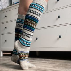 Beige gray hand knitted jacquard organic wool hight woman russian socks free shipping