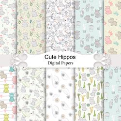 Cute hippos, seamless patterns.