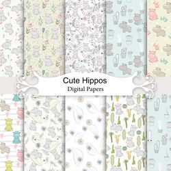 cute hippos, seamless patterns.