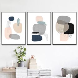 Abstract Geometric 3 Piece Print Gray Pink Wall Art Home Decor Digital Prints Triptych Poster Large Pictures Simple Art