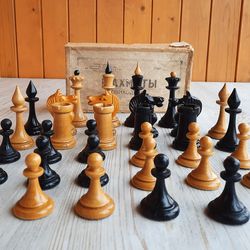 Artel made Soviet 1950s chess pieces antique - Old wooden Russian chessmen set vintage