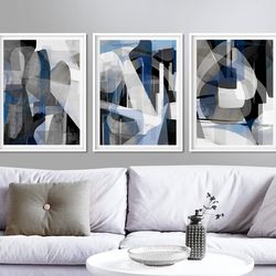 Navy Abstract Print 3 Piece Wall Art Black Blue Art Abstract Triptych Abstract Painting Digital Prints Concept Poster