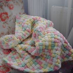 Warm soft puffy baby blanket hand knitted for crib or stroller free shipping