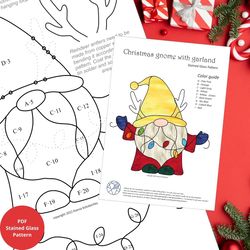 Stained Glass Pattern Christmas Gnome with Garland - Digital Download PDF