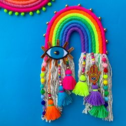 Neon macrame rainbow wall hanging, Evil eye and hamsa hand, Hippie room decor, Housewarming gift, Dorm room decoration