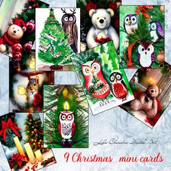 9 Christmas mini cards, ACEO Cards, Instant Download, Digital Owls,  Artist Cards, art journal printable, Decoupage