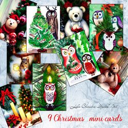 9 christmas mini cards, aceo cards, instant download, digital owls,  artist cards, art journal printable, decoupage