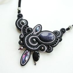 Black Statement necklace, Aventurine necklace, Soutache necklace, Beaded bib necklace, Bohemian Embroidered Floral