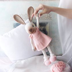 Soft Rabbit doll in dress, Bunny stuffed animal toy, Woodland nursery decorative doll, Companion toy for toddlers