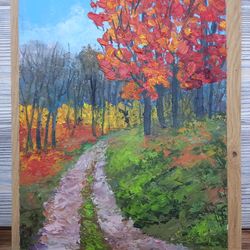 Falling trees oil painting original Art autumn Forest Artwork
