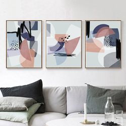 Abstract Painting, Prints Set of 3 Blue Pink Wall Art, Modern Artwork, Printable Art, Triptych Poster, Living Room Decor