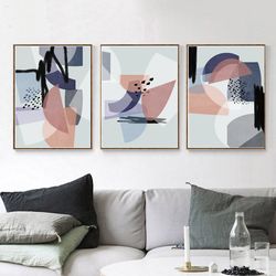abstract painting, prints set of 3 blue pink wall art, modern artwork, printable art, triptych poster, living room decor