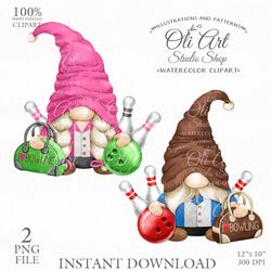 Bowling Gnomes Clip Art. Bowling Ball. Cute Characters. Hand Drawn graphics. Digital Download. OliArtStudioShop