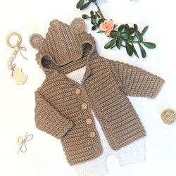 Baby Bear Hoodie Crochet Pattern Hooded baby Cardigan sweater bulky 4 sizes 6/12/18/24 months