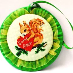 embroidery ornaments squirrel, winter holiday decor, godmother gift, handmade xmas decoration, red heart, godparent gift