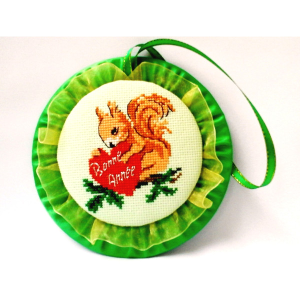 Holiday ornament  Red Heart Squirrel embroidery Christmas handmade gift Tree decoration Finished cross stitch.jpg