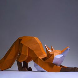 Fox Stretching Paper Craft, Digital Template, Origami, PDF Download DIY, Low Poly, Trophy, Sculpture, Fox Model
