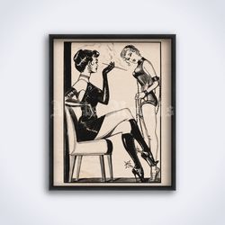 Smoking mistress and submissive girl, vintage fetish comics printable art, print, poster (Digital Download)