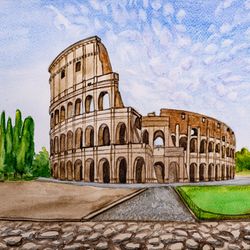 Colosseum original watercolor painting Coliseum Rome cityscape Italy artwork Italian architecture wall art