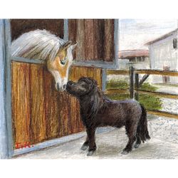horse and pony in the stable. original oil pastel drawing 8x10''