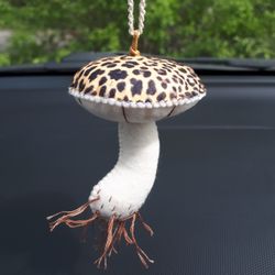 Mushroom ornament, Leopard print, Car accessories for women, Rear view mirror accessories, Mushroom plush, Car guy gift