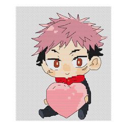 Anime cross stitch pattern Jujutsu Kaisen Itadori Heart Valentine PDF