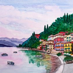 Lake Como original watercolor painting Varenna village Italy painting Italian landscape sunset artwork seascape wall art