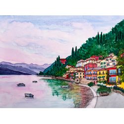 Lake Como Original Watercolor Painting Varenna Village in Italy Artwork