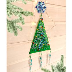christmas tree with icicles and a snowflake, fused glass home decor, new year decorations, christmas tree wall hanging