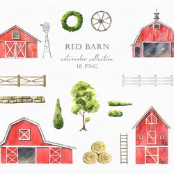 Red Barn Watercolor clipart, Farmhouse Rustic Wedding