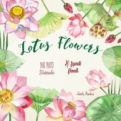 Lotus Clipart Flowers Watercolor Clipart. Instant download Clip art