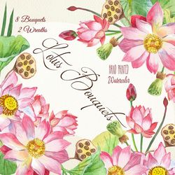 Lotus Clipart Flowers Watercolor Bouquets and Wreaths. Instant download Clip art